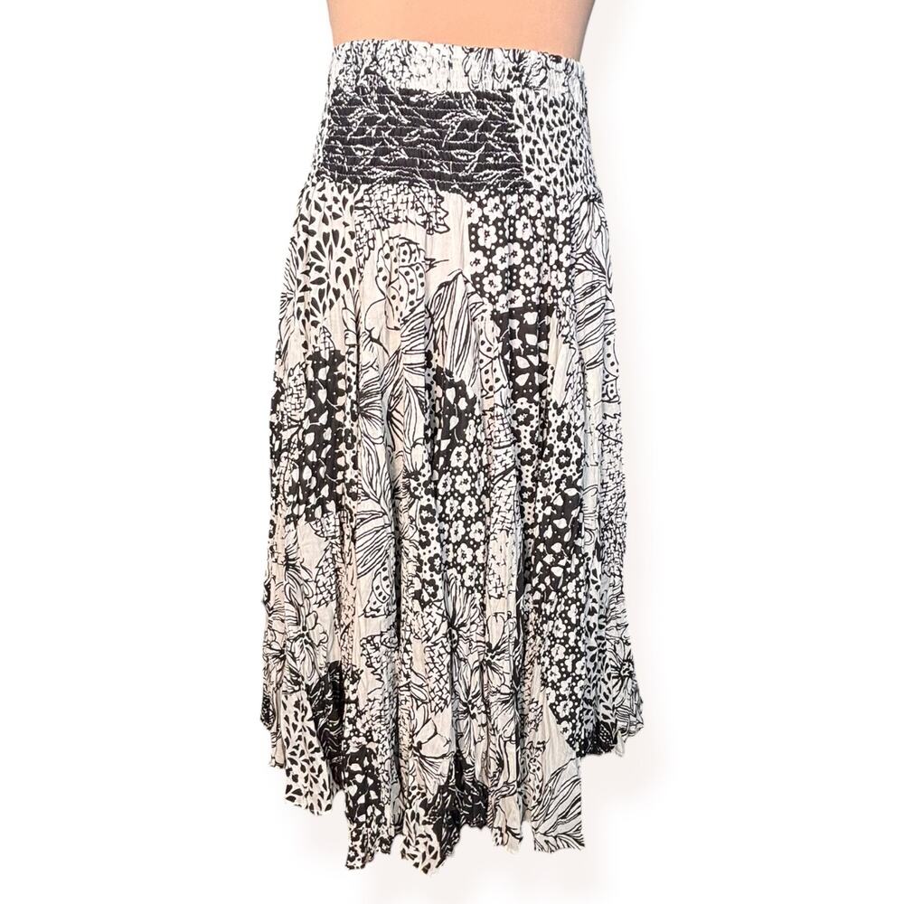 Y2K Black White Patchwork Floral Crinkle Maxi Skirt Large Boho New Euro Summer
